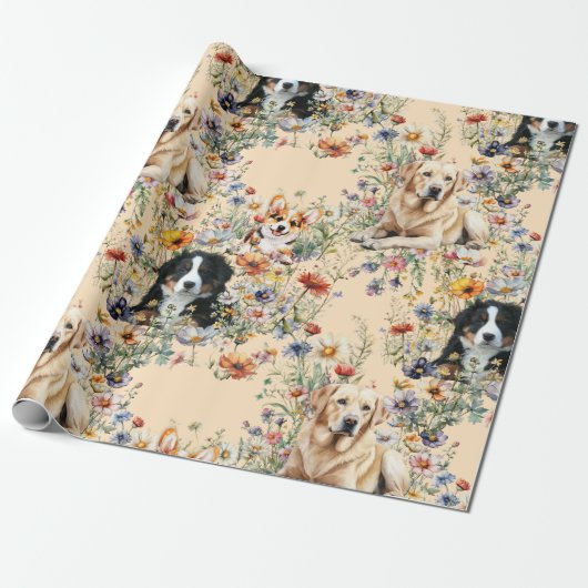 Three Dogs in Wildflowers Seamless Cadeaupapier (Uitgerold)