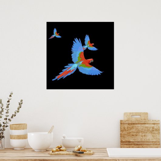 Three Flying Macaws Hand Drawn Poster (Cuisine)