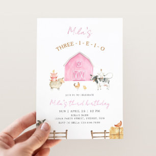 Three-I-E-I-O Pink Barn Farm 3de verjaardagsfeestj Kaart