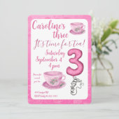 Three It’s Time for Tea 3rd Birthday Invitation Kaart (Staand voorkant)