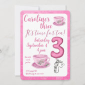 Three It’s Time for Tea 3rd Birthday Invitation Kaart (Voorkant)