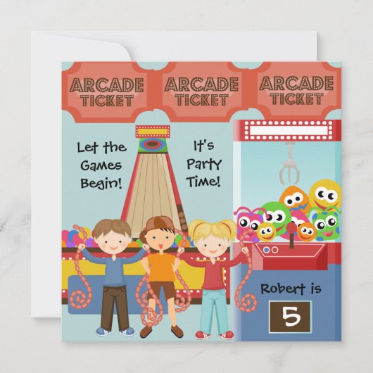 Three Kids Arcade Birthday Party Invitation (Devant)