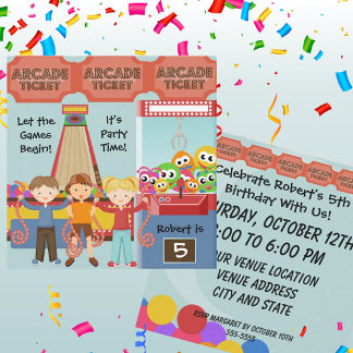Three Kids Arcade Birthday Party Invitation Kaart