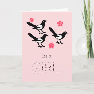 Three magpies baby it's a girl new baby card kaart