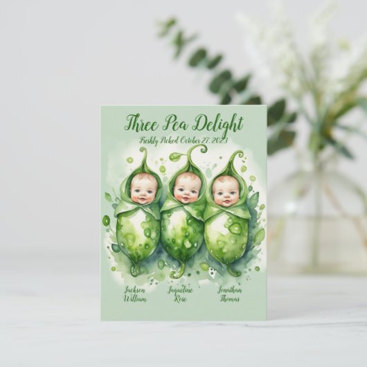Three Pea Delight- Triplets geboorte aankondiging (Staand voorkant)