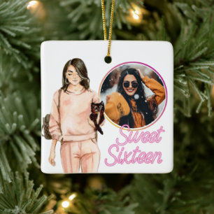 Three PHOTO Sweet Sixteen Trendy Girl Christmas Keramisch Ornament