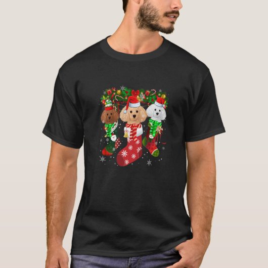 Three Poodle In Socks Christmas Santa Hat T-shirt (Voorkant)