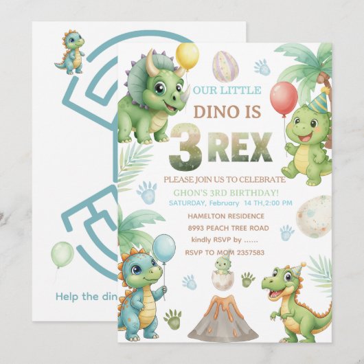 Three-Rex Birthday Invitation with Maze Invitation (Devant / Derrière)