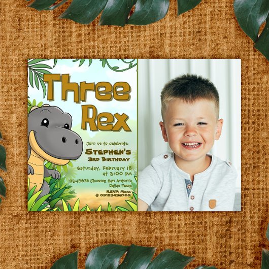 Three Rex Boy 3rd Birthday with Photo Kaart