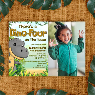 Three Rex Boy 4th Birthday with Photo Kaart