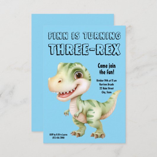 Three-Rex Dinosaur 3rd Birthday Party Invitation (Devant / Derrière)