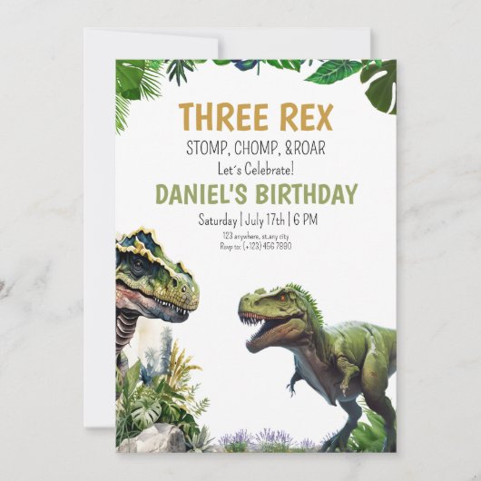 Three Rex Dinosaur Imprimable invitation d'anniver (Devant)