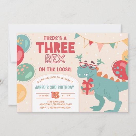 Three Rex Invitation Boy. Dinosaur 3rd Birthday (Devant)