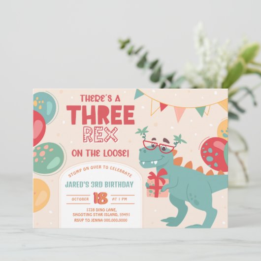 Three Rex Invitation Boy. Dinosaur 3rd Birthday (Debout devant)
