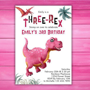 Three-Rex Meisjes 3e Verjaardag Roze Dino Kaart