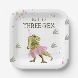 Three Rex & Pink Tutu Birthday Party Paper Plate Papieren Bordje