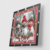 Three Snowmen Merry Christmas Vierkante Klok (Hoek)