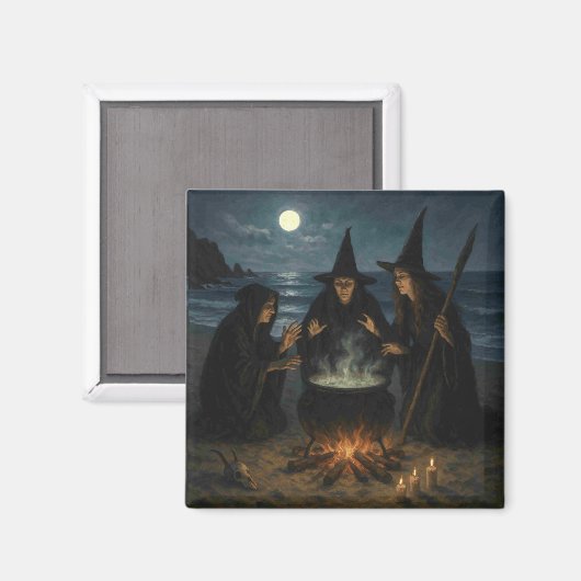 Three Witches Brew Cauldron Full Moon Beach Magneet (Voorkant / Achterkant)