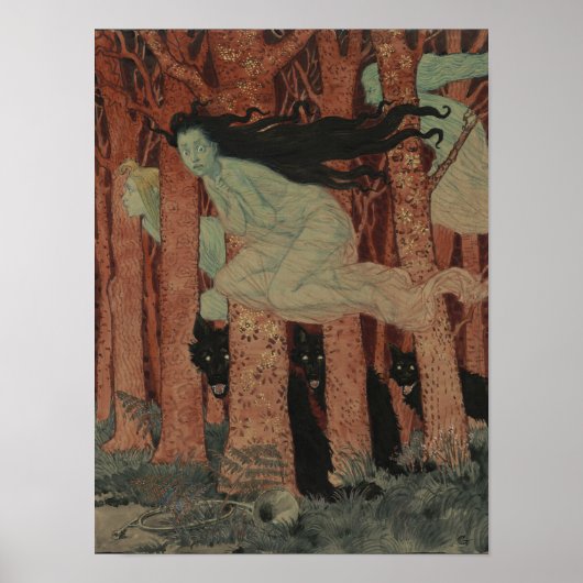 Three Women and Three Wolves Eugène Grasset Poster (Voorkant)