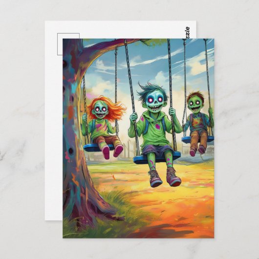 Three Zombie Kids on Swings in Fall Park Briefkaart (Voorkant / Achterkant)