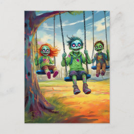 Three Zombie Kids on Swings in Fall Park Briefkaart