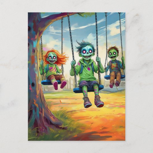 Three Zombie Kids on Swings in Fall Park Briefkaart (Voorkant)