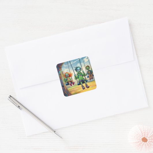 Three Zombie Kids on Swings in Fall Park Vierkante Sticker (Envelop)