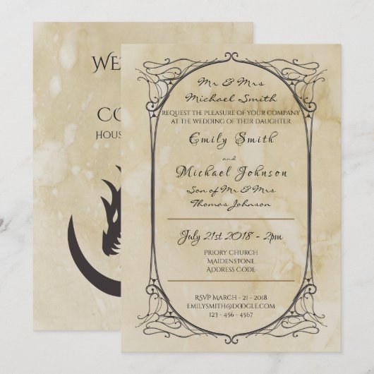 Thrones Wedding Invitation Medieval Dragon Royal Kaart (Voorkant / Achterkant)
