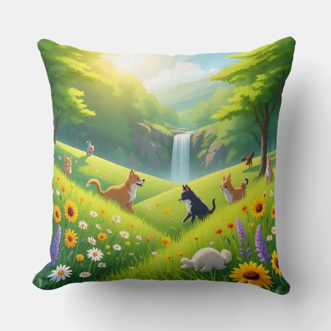 Throw Pillow Blooming Green Fields & Waterfall Ser Kussen (Voorkant)