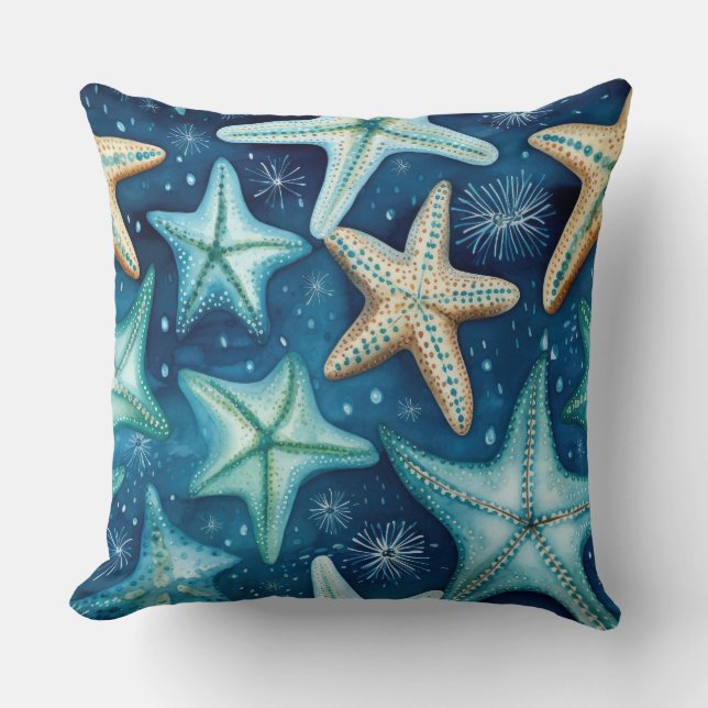 Throw Pillow Blue Starfish Beach Scene Tropical  Kussen (Voorkant)