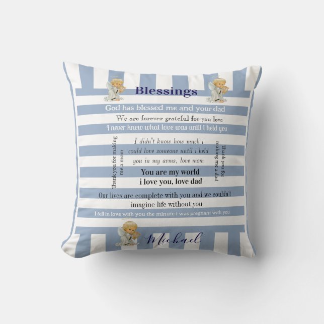 Throw Pillow Blue & White Stripe Blessings  Kussen (Voorkant)