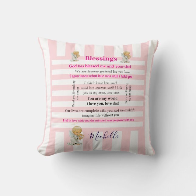Throw Pillow Pink & White Stripe Blessings  Kussen (Voorkant)
