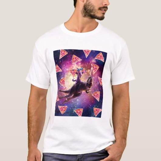 Thug Space Cat op Dinosaur Unicorn - Pizza T-shirt (Voorkant)