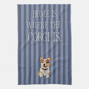 'Thuis Is Waar De Corgi Is' Blauwe Gestreepte Opge Theedoek