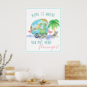 Thuis is waar je je flamingos neerzet | WATERVERF Poster (Keuken)