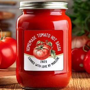 Thuisgemaakte tomatenhot salsa met rode tomaat vierkante sticker
