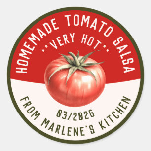 Thuisgemaakte tomatenhot salsa met twee kleuren ronde sticker
