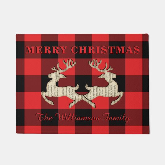 Thuiskerst Deer Antlers Red Black Gingham Deurmat (Voorkant)
