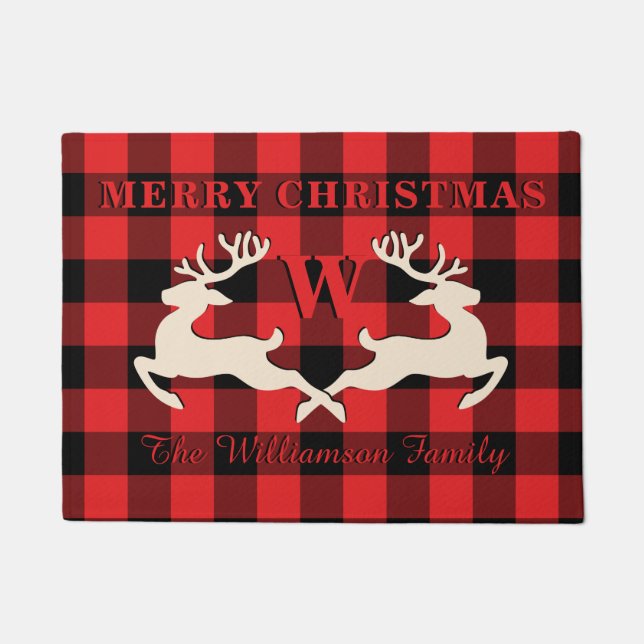 Thuiskerst Deer Antlers Red Black Gingham Deurmat (Voorkant)