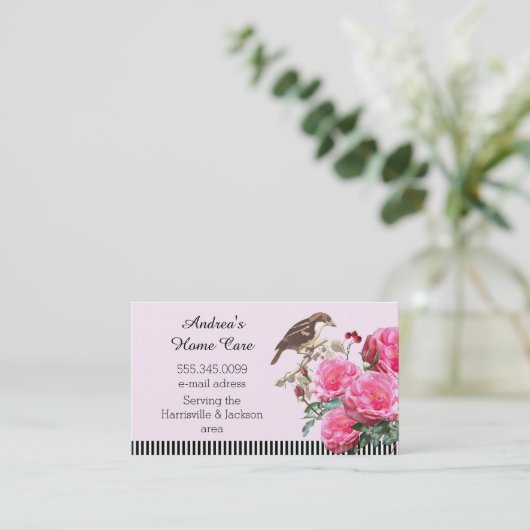 Thuiszorgroze rozen en vogel visitekaartje (Staand voorkant)