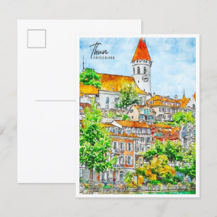 Thun Zwitserland vintage reis waterverf Briefkaart