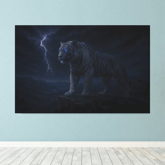 Thunderstorm Blue-Eye White Tiger – Fantasy Art Canvas Afdruk (Insitu (Houten vloer))