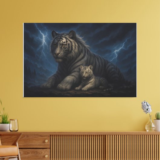 Thunderstorm Guardian White Tiger & Cub – Fantasy Canvas Afdruk (Insitu (Woonkamer))