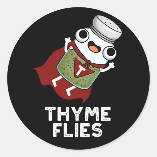 Thyme Flies Funny Herb Pun Dark BG Ronde Sticker (Voorkant)