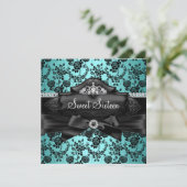  Tiara & Bow Blauwgroen Sweet 16 Uitnodiging (Staand voorkant)