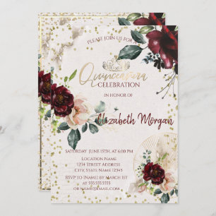 Tiara, Diamonds Burgundy Rozen Quinceañera Kaart