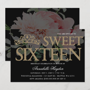 Tiara Floral Black en Gold Sweet 16 Kaart