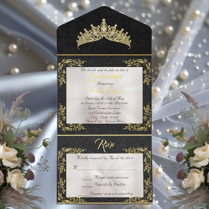 Tiara & Foil Leaf Frame Quinceanera - Parel/Goud All In One Uitnodiging