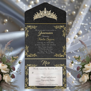 Tiara & Foil Leaf Frame Quinceanera - Zwart/Goud All In One Uitnodiging