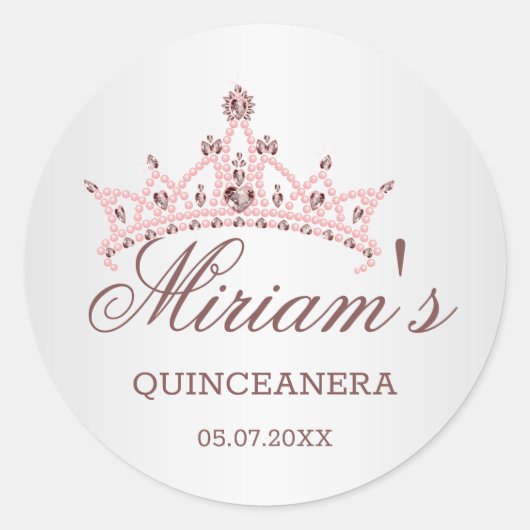 Tiara, parels, edelsteen in hartvorm Quinceanera Ronde Sticker (Voorkant)